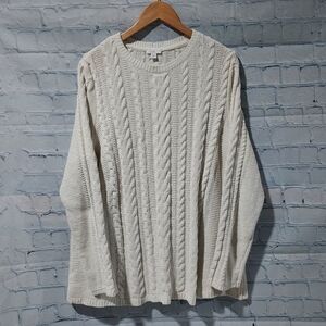 J. Jill Women's Cable Knit L  Chunky Cream Sweater Preppy Cozy Pullover Nordic